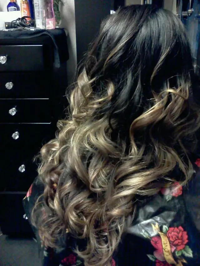 Dark to blonde ombre curls, back view